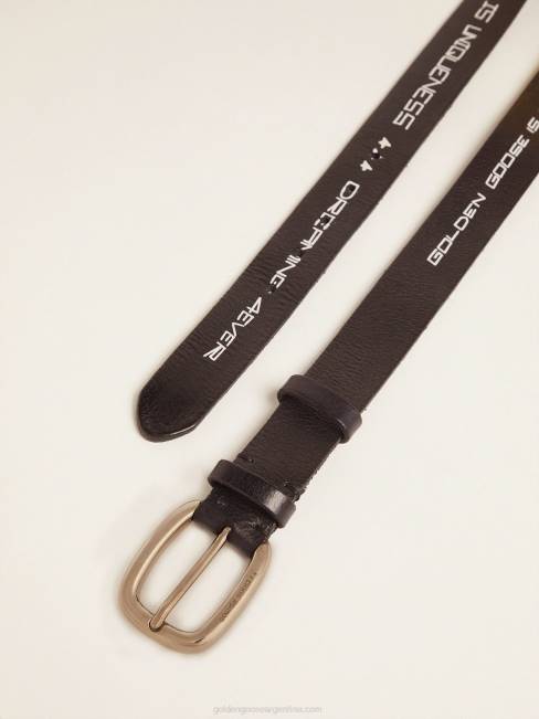 Golden Goose hombres cinturón houston de piel negra con letras manuscritas en contraste 6846833