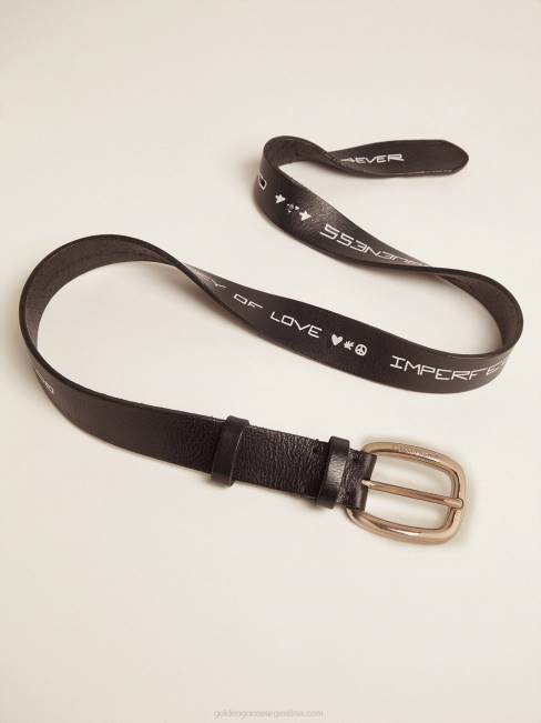 Golden Goose hombres cinturón houston de piel negra con letras manuscritas en contraste 6846833