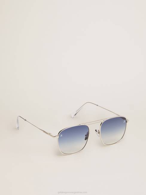 Golden Goose hombres montura solar estilo roger aviator con montura plateada y lentes azules degradados 6846293