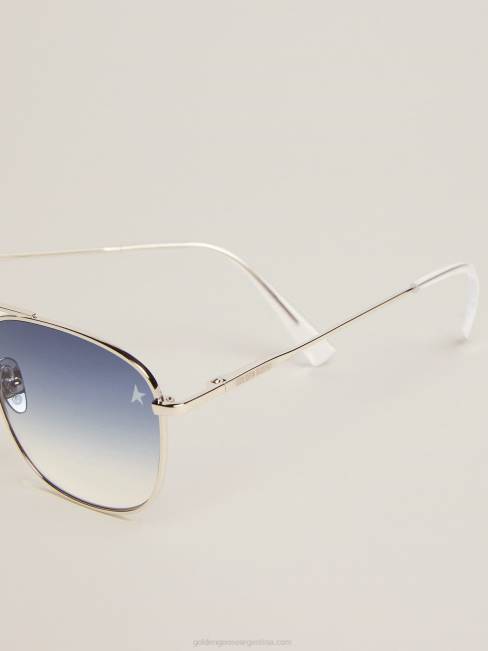 Golden Goose hombres montura solar estilo roger aviator con montura plateada y lentes azules degradados 6846293