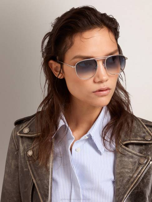 Golden Goose hombres montura solar estilo roger aviator con montura plateada y lentes azules degradados 6846293