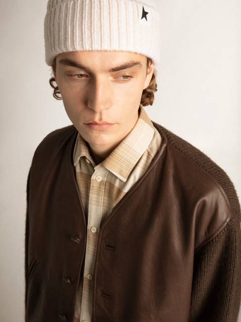 Golden Goose hombres Cárdigan de punto y piel color chocolate con cuello de pico 6846818