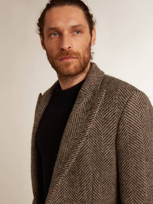 Golden Goose hombres abrigo de botonadura sencilla de lana con tejido de espiga en beige y gris 6846774