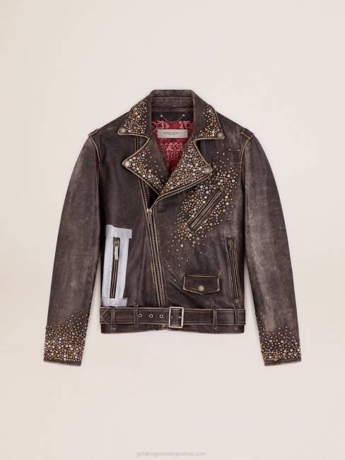 Golden Goose hombres cazadora biker de piel con tachuelas martilladas y cinta adhesiva 6846704