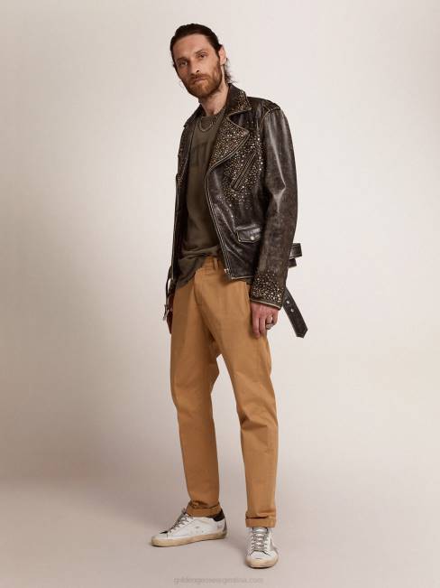 Golden Goose hombres cazadora biker de piel con tachuelas martilladas y cinta adhesiva 6846704