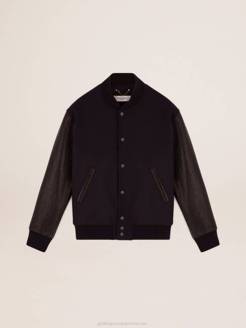 Golden Goose hombres cazadora bomber de lana azul oscuro con mangas de piel envejecida 6846773