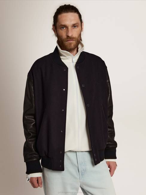 Golden Goose hombres cazadora bomber de lana azul oscuro con mangas de piel envejecida 6846773
