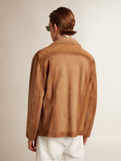 Golden Goose hombres cazadora de piel color arena con parches y cierre de cremallera 6846793