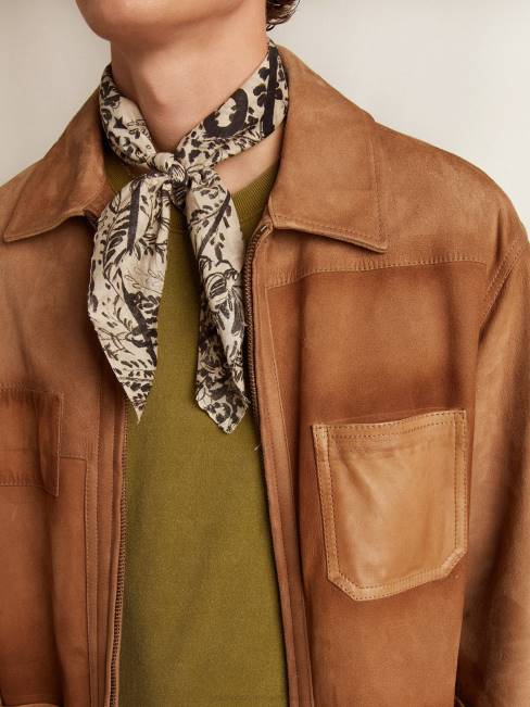 Golden Goose hombres cazadora de piel color arena con parches y cierre de cremallera 6846793