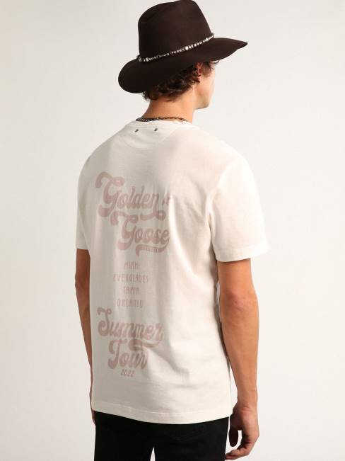Golden Goose hombres camiseta colección travel blanca con doble estampado lila 6846695