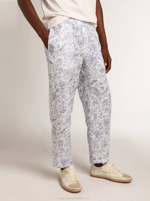 Golden Goose hombres Pantalón de lino resort collection con estampado azul mediterráneo 6846734