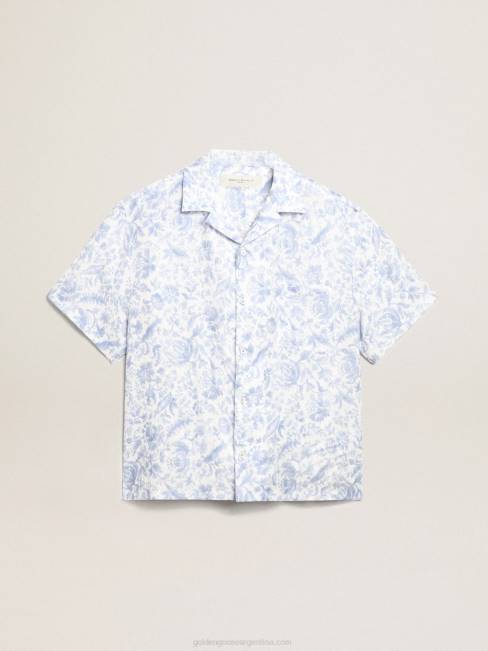 Golden Goose hombres camisa resort collection de lino con estampado azul mediterráneo 6846738