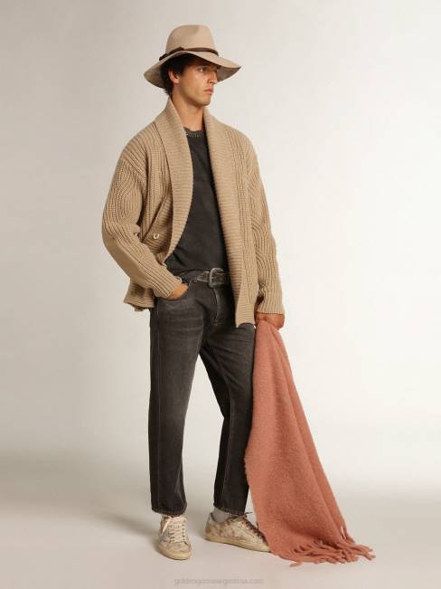 Golden Goose hombres Cárdigan cruzado de la colección Journey de lana de canalé beige con parches de piel tono sobre tono 6846715