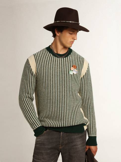 Golden Goose hombres Jersey de cuello redondo de la colección Journey en lana bicolor blanca y verde. 6846749
