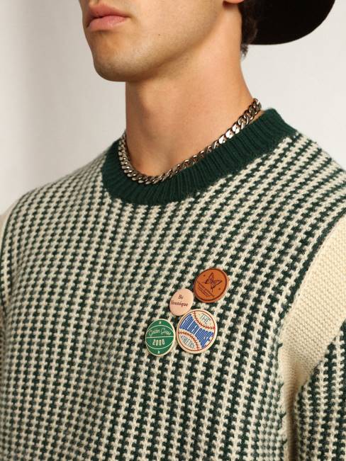 Golden Goose hombres Jersey de cuello redondo de la colección Journey en lana bicolor blanca y verde. 6846749