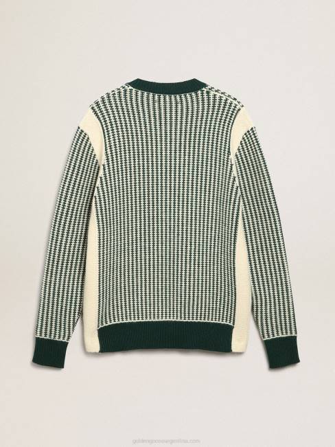 Golden Goose hombres Jersey de cuello redondo de la colección Journey en lana bicolor blanca y verde. 6846749