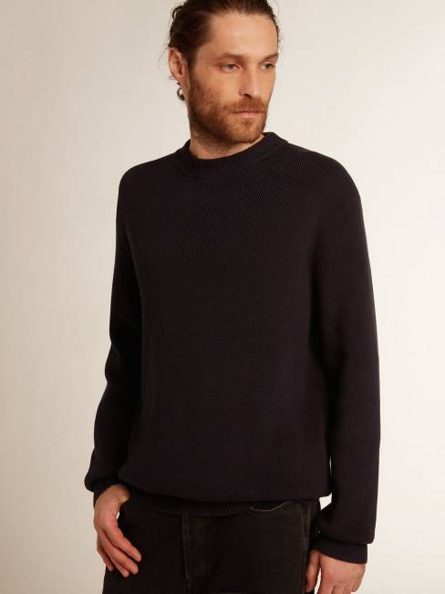 Golden Goose hombres jersey de cuello redondo de algodón azul oscuro con logo en la espalda 6846757