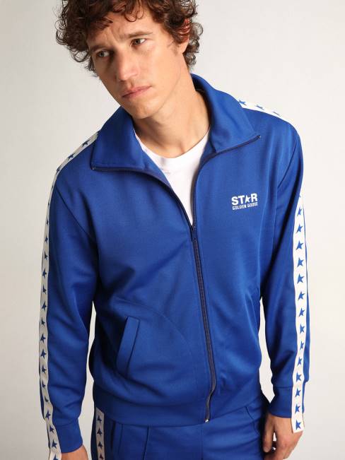 Golden Goose hombres sudadera azul con cremallera y franja blanca y estrellas a contraste 6846735