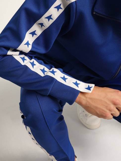 Golden Goose hombres sudadera azul con cremallera y franja blanca y estrellas a contraste 6846735