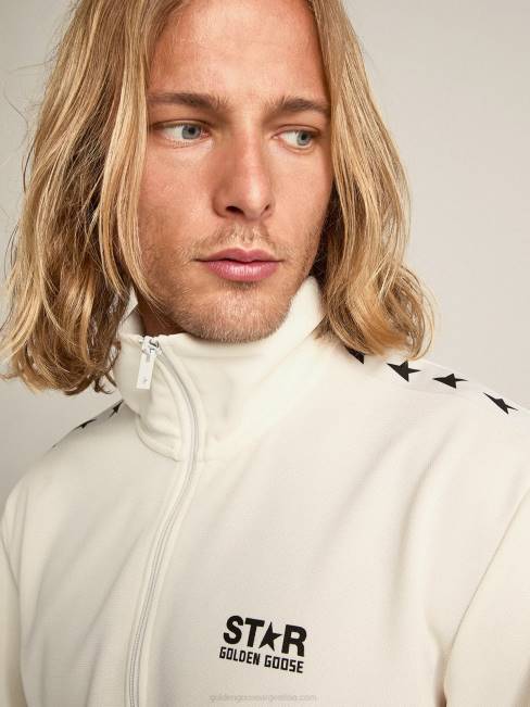 Golden Goose hombres sudadera blanca con cremallera, franja blanca y estrellas negras 6846762
