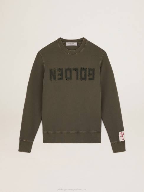 hombres Sudadera de la colección verde oliva con tratamiento envejecido y letras doradas en la parte delantera 6846713