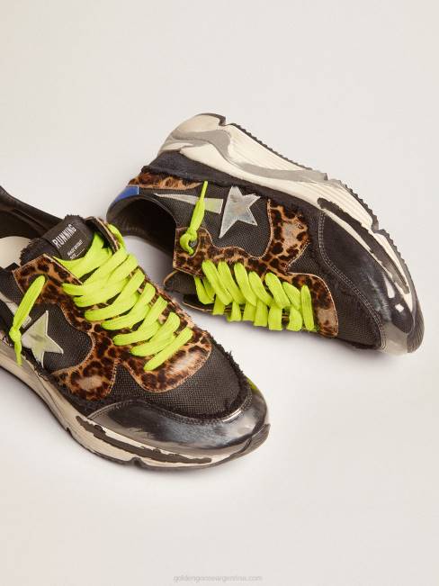 Golden Goose hombres Zapatillas deportivas running sole ltd de malla negra con inserciones de piel de potro con estampado de leopardo 6846582