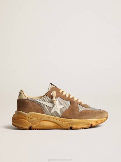 Golden Goose hombres suela de running de malla plateada y ante tabaco con estrella blanca 6846617