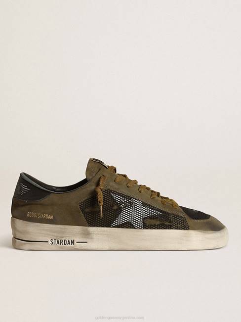 Golden Goose hombres zapatillas stardan de nubuck verde militar y malla negra con estrella de piel blanca 6846650