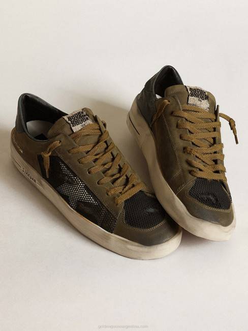 Golden Goose hombres zapatillas stardan de nubuck verde militar y malla negra con estrella de piel blanca 6846650
