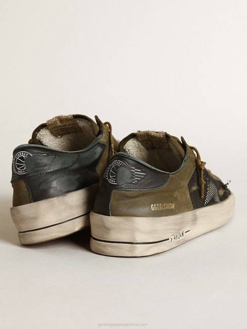 Golden Goose hombres zapatillas stardan de nubuck verde militar y malla negra con estrella de piel blanca 6846650