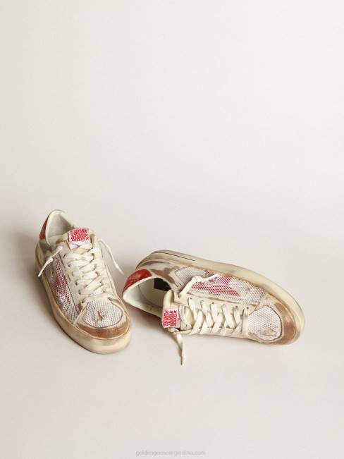Golden Goose hombres zapatillas stardan lab de piel blanca y malla con estrella de piel laminada roja 6846530