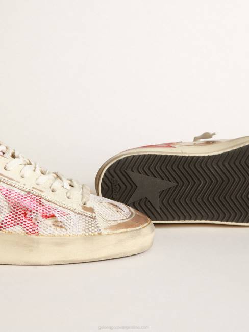 Golden Goose hombres zapatillas stardan lab de piel blanca y malla con estrella de piel laminada roja 6846530