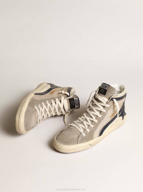 Golden Goose hombres chanclas de malla beige y nailon con estrella y flash de piel azul 6846645