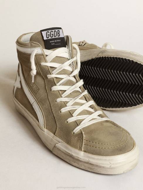 Golden Goose hombres zapatillas deportivas slide de ante verde militar con estrella y flash de piel blanca 6846534