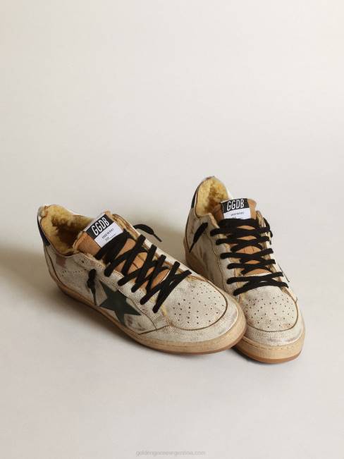 Golden Goose hombres Zapatillas deportivas ball star de piel blanca brillante con estrella de piel verde oscuro y forro de borrego 6846684