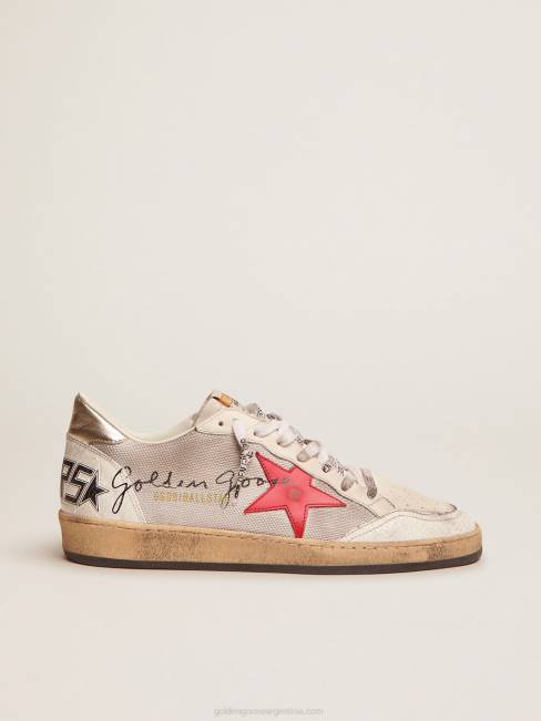 Golden Goose hombres zapatillas deportivas ball star de malla plateada clara con estrella de piel roja 6846520