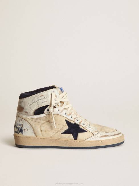 Golden Goose hombres Zapatillas sky-star de nailon color crema y piel blanca con estrella de ante azul oscuro 6846519