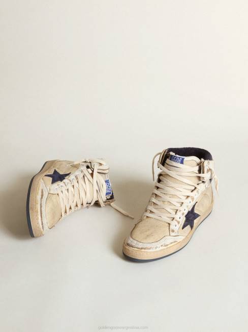 Golden Goose hombres Zapatillas sky-star de nailon color crema y piel blanca con estrella de ante azul oscuro 6846519