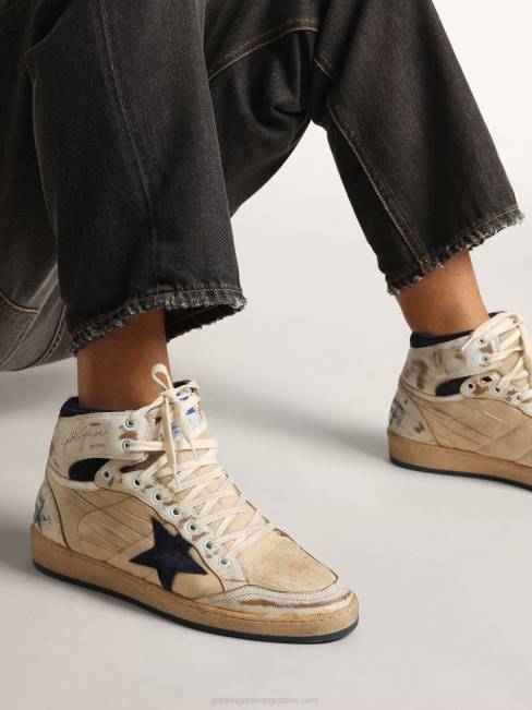 Golden Goose hombres Zapatillas sky-star de nailon color crema y piel blanca con estrella de ante azul oscuro 6846519