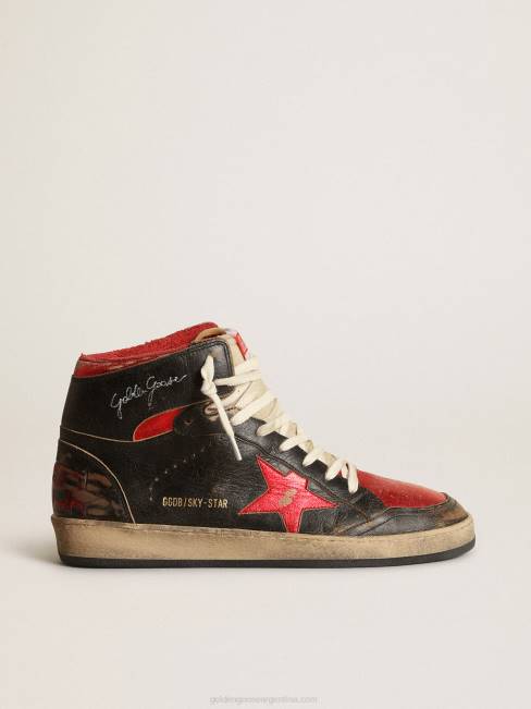Golden Goose hombres zapatillas sky-star de piel negra brillante con estrella de piel roja metalizada 6846539