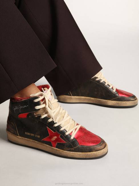 Golden Goose hombres zapatillas sky-star de piel negra brillante con estrella de piel roja metalizada 6846539