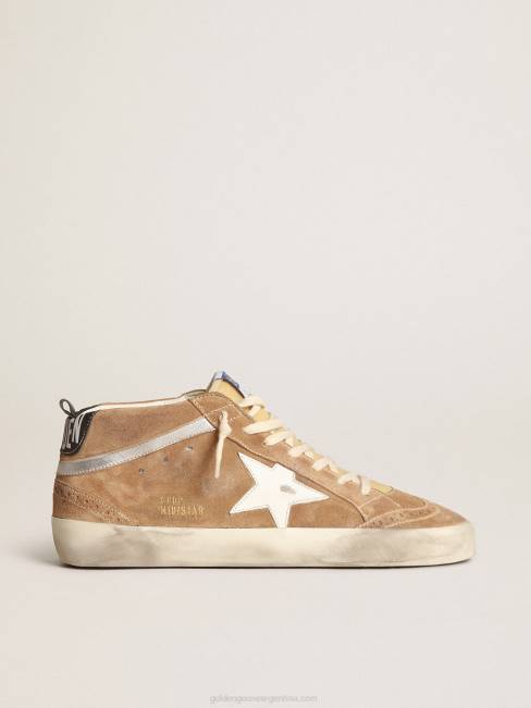 Golden Goose hombres Deportivas mid star de ante color tabaco con estrella de piel blanca y flash de piel metalizado plata 6846538