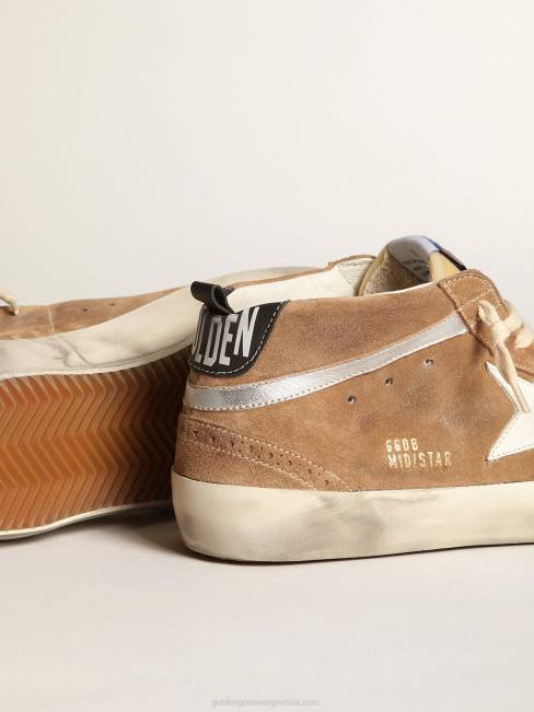 Golden Goose hombres Deportivas mid star de ante color tabaco con estrella de piel blanca y flash de piel metalizado plata 6846538