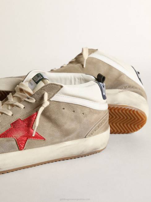 Golden Goose hombres Zapatillas mid star de ante gris tórtola con estrella de piel roja metalizada y flash de piel blanca 6846567