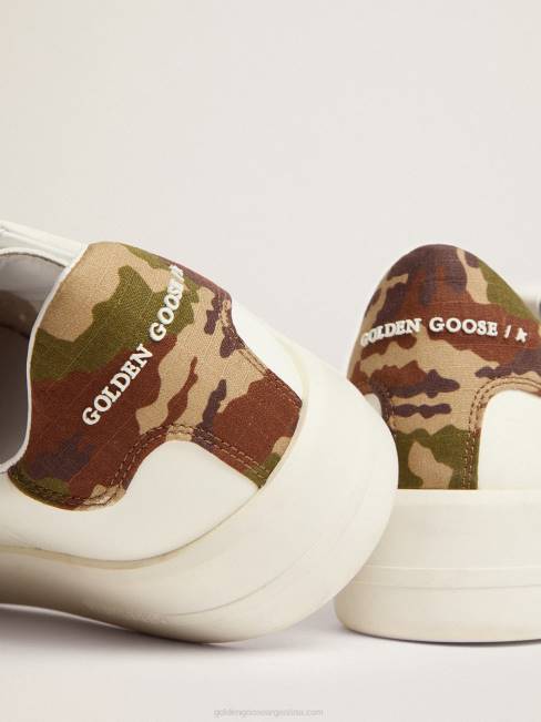 Golden Goose hombres Zapatillas deportivas purestar de piel blanca con estrella tono sobre tono y refuerzo del talón verde de tejido ripstop con estampado de camuflaje 6846527