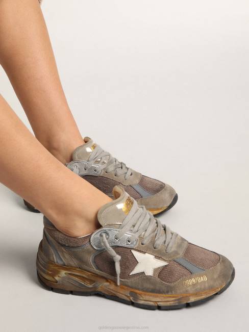 Golden Goose hombres Zapatillas deportivas dad-star de malla y ante gris tórtola con estrella de piel blanca 6846557