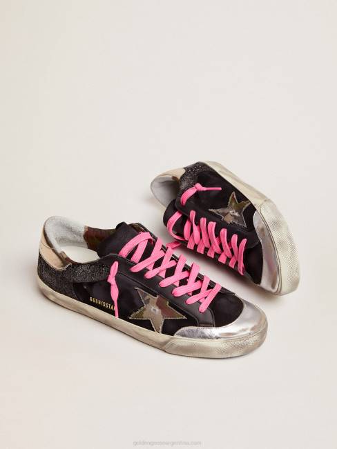 Golden Goose hombres Zapatillas deportivas super-star de ante y purpurina negra con estrella de tejido de camuflaje 6846564