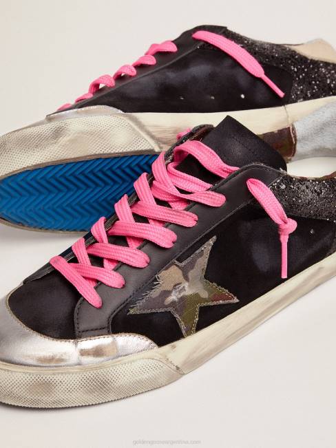 Golden Goose hombres Zapatillas deportivas super-star de ante y purpurina negra con estrella de tejido de camuflaje 6846564