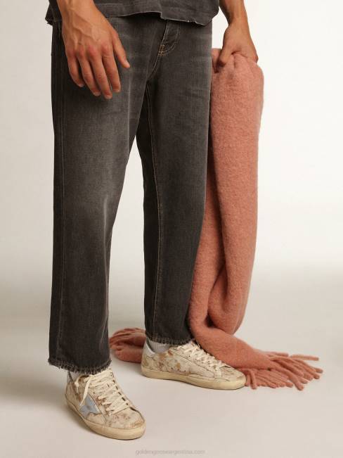 Golden Goose hombres zapatillas super-star con estrella de piel azul claro ahumado y refuerzo del talón de piel plateada metalizada 6846522