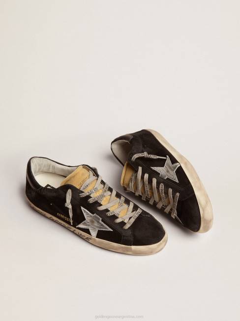 Golden Goose hombres zapatillas super-star de ante negro con estrella de piel laminada plateada 6846574